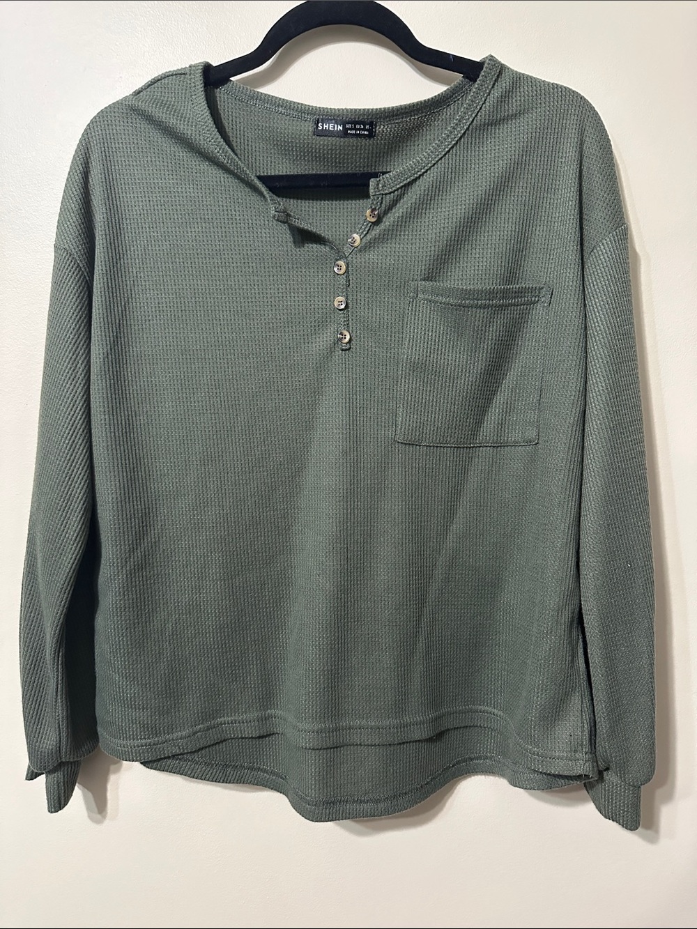 SHEIN Olive Green Waffle Knit Long Sleeve Henley Top